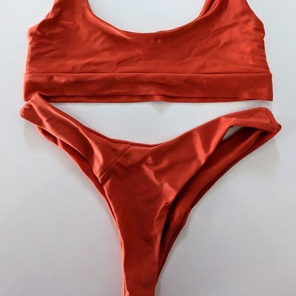 Women's Zaful Bikini Set Burnt Orange Scoop Neck High Waisted Cheeky Large GUC - Picture 6 of 8